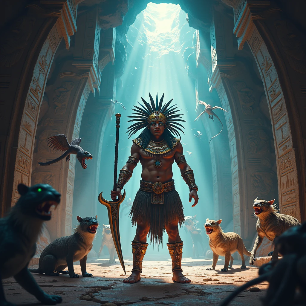Hybrid Aztec priests with alien features offering sacrifices and a sermon with Aztec and Mayan chants for the gods
