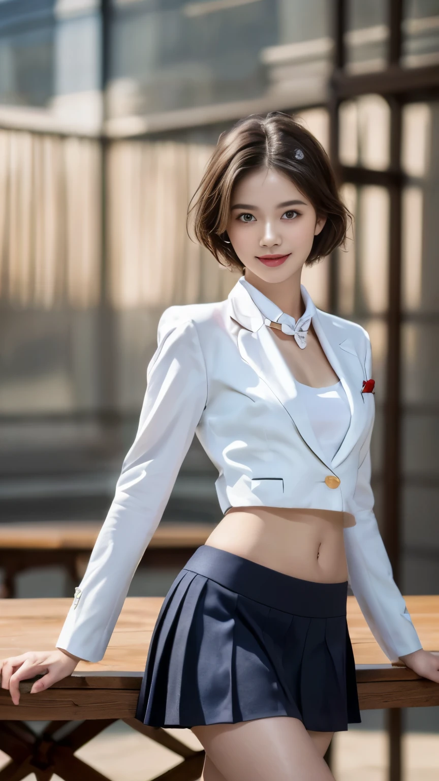 ((High school girl walking in the lakeside park))、(white blazer)、(white blouse、red bow tie、dark blue checked skirt). 40k, photograph, table top, highest quality, ((beautiful eyes、One girl with light brown short hair, . white skin, Various poses.((Medium chest,:1.1)), highest quality, table top, ultra high resolution, (realistic:1.4), (perfect body shape), (slim:1.3), Slim abdomen, Perfect slim figure, dynamic pose, alone, Cold light 12000K, very detailed facial and skin texture, fine eyes, realistic eyes, Beautiful and fine eyes, (realistic skin), charm, ultra high resolution,  very detailed,（smile)、