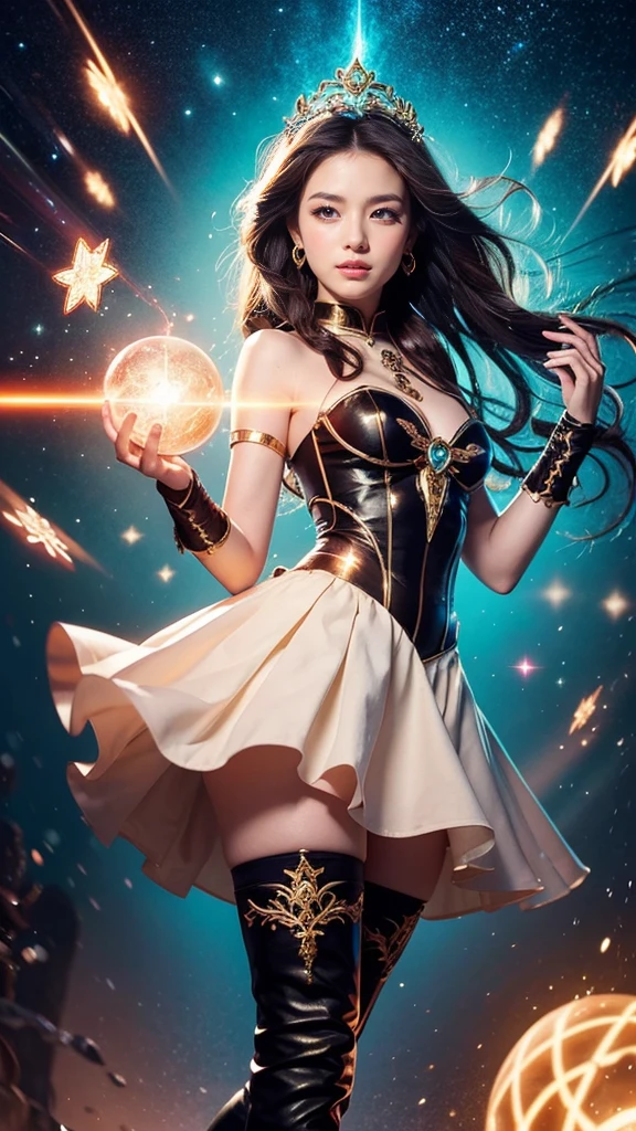 1 The zodiac goddess from the future wears a thin silk dress., Zodiac goddesses are beautiful., The zodiac goddess wears a colorful thin silk dress with sexy black and white lace., The goddess shines with a bright purple bow, shining., Pink zodiac sign, Stars in the form of 12 zodiac signs, Zodiac goddess in thin silk dress, Golden zodiac with many black details, Mythical Goddess of the 12 Zodiac Signs, zodiac, Zodiac style, Dark and mysterious version, full breasts, Big and round breasts, well-proportioned breasts and beautiful red lips;, Seriously, don't smile., People Karol Bak and Pino Daeni, intricate detailed, detailed background, Lots of background objects, Very detailed, Magic Light, Women, Long hair is dyed in seven colors and tied neatly., Clear face without scars, Face, beautiful eyes and good proportions., Beautiful and charming red lips, Big eyes and beautiful makeup.. detaild, Remote focus, silk dress, Hair ornaments, Neck jewelry, Dress up jewelry, Arm and thigh jewelry, Goddess Foot Jewelry, Mysterious Jewelry, (Top image: 1.9) , Hanging sleeves, Zodiac goddess sexy and sensual , (outer space: 1.8), (galaxy: 1.7), aurora, lightning, (Aurora Background: 1.8), beautidul eyes, Beautiful eye shots, Goddess of beauty and flowers, Fantasy Magic Light Effects,