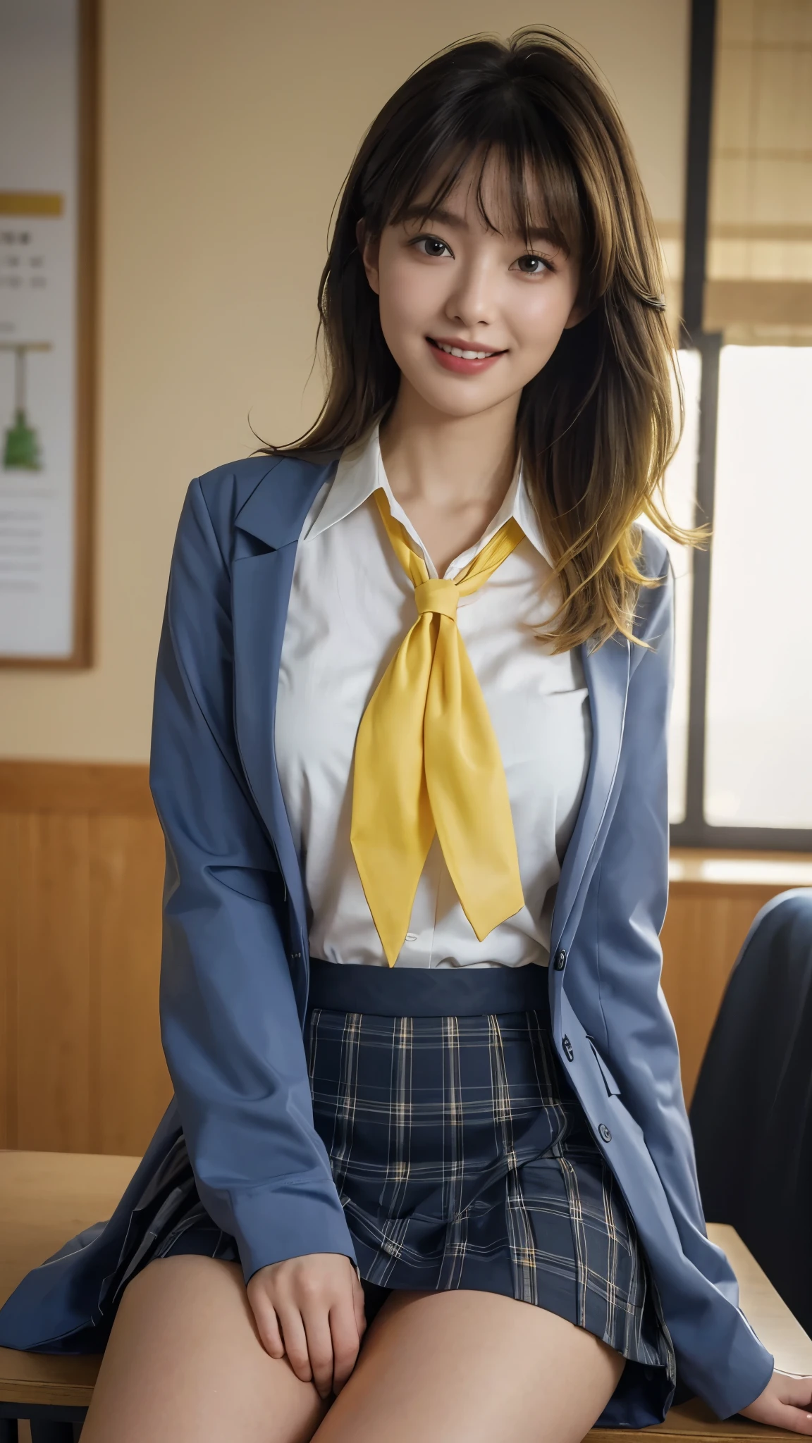 (Highest quality, 4K, 8k, High resolution, masterpiece, Genuine, Realistic, Realistic:1.3), (upper body), Girl sitting on the school desk in classroom, blue neckerchief Uniform, Dark Blown Blazer, blown plaid skirt, Gal Makeup, wearing white collared shirts, dark black pantyhose, ((yellow hair)), Gold Bracelets, 18-year-old, bangs, grin,Thighs, knees, From below, pinching skirt:0.7, open legs:0.8,