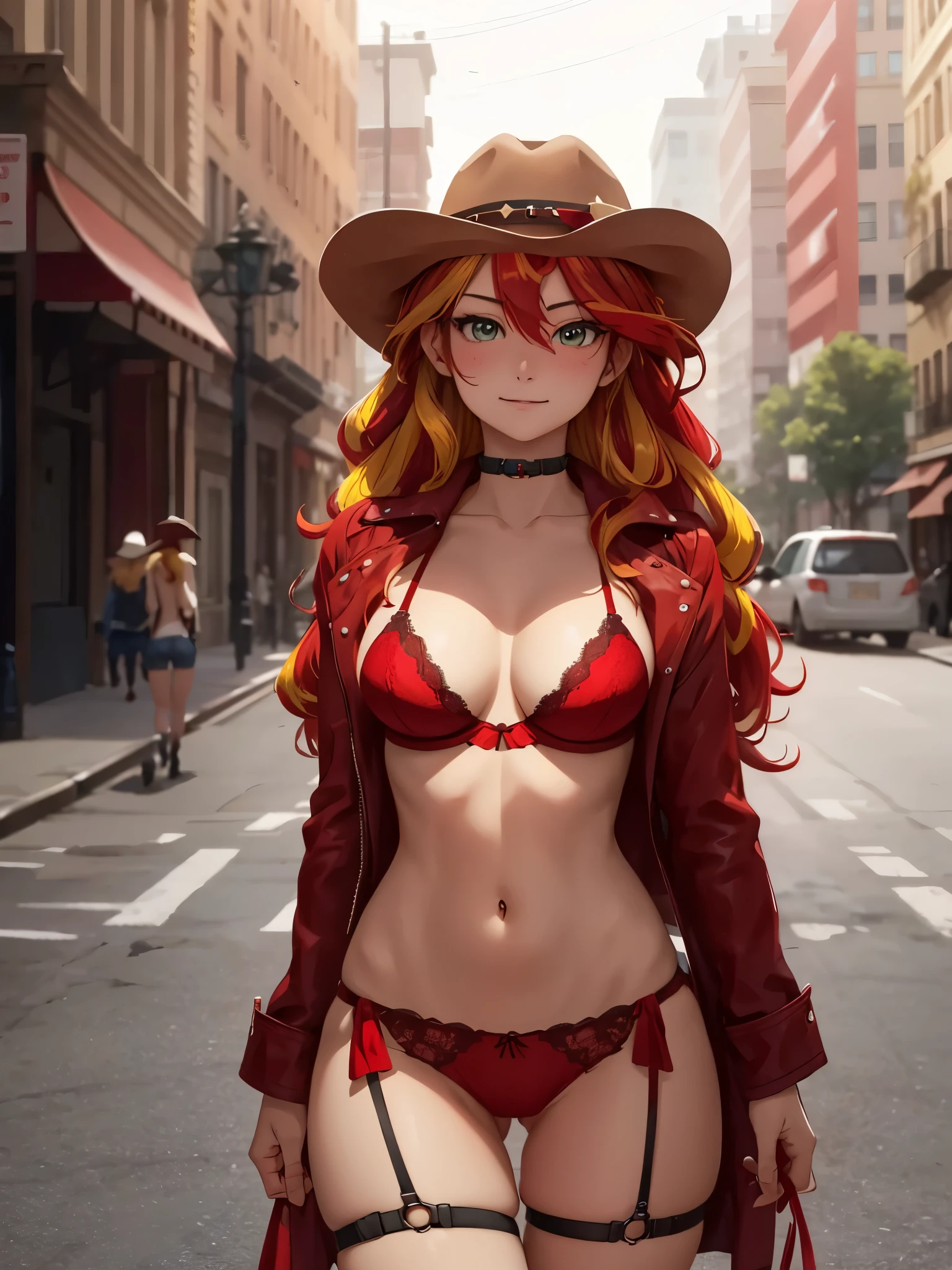 sunsethuman, female, two tones of hair, red and yellow hair, smiling, unzipped shorts, bikini, walking through park