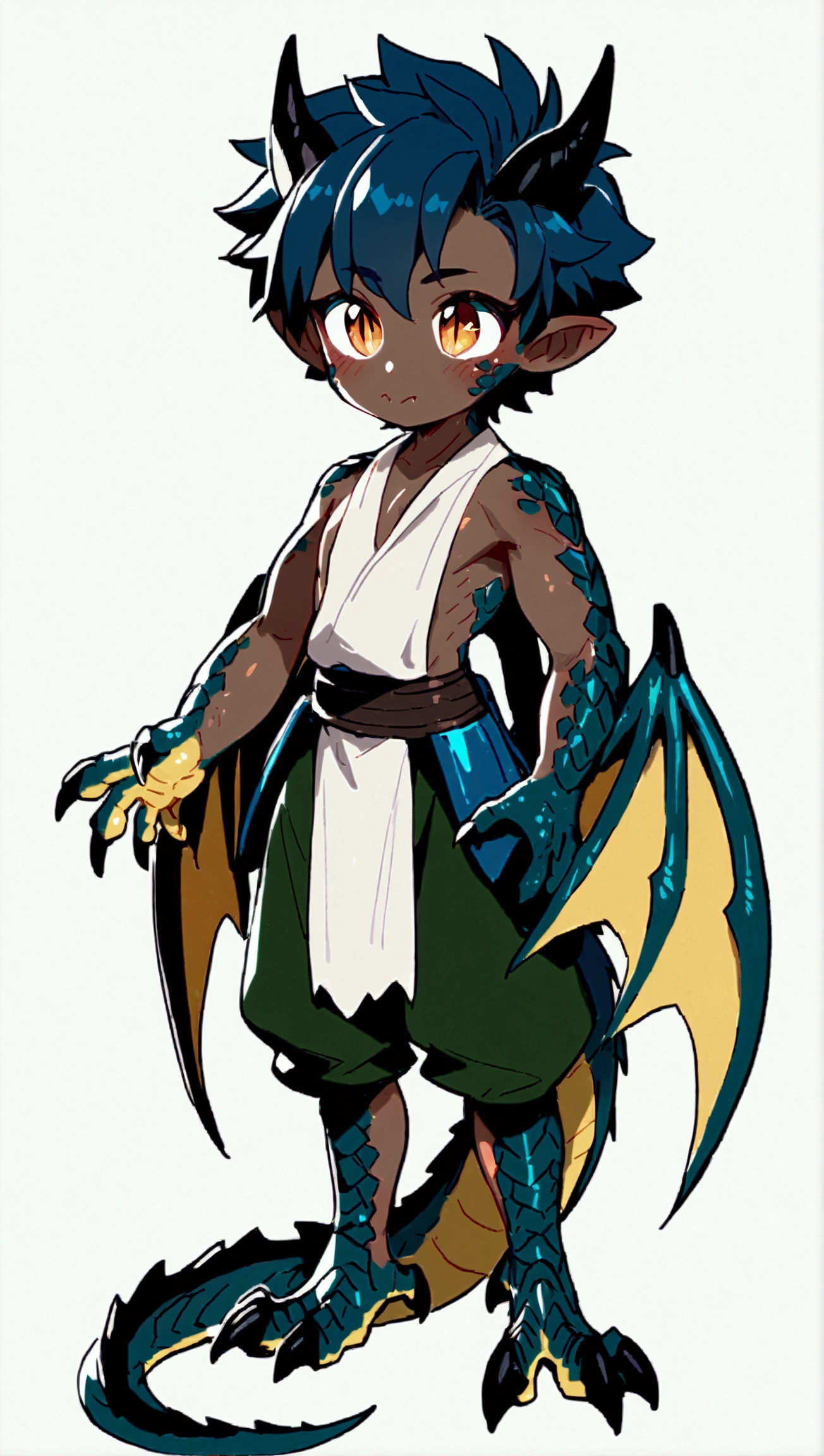 score_9_up, score_8_up, score_7_up, (masterpiece, best quality), (full body:1.2), (standing), (ultra quality skin:1.2), 1boy, (((solo))), (shota), (boy_shota), dragonkin, dragon boy, wyvern, wyvern boy, pointed ears, dragon horns, ((dragon wings)), dragon tail, scale skin (scales on upper arms, scales on arms, scales on legs), skin scales, dragon claws, dragon hands, dragon feet, dragon talons, dragon talon feet, blue hair, beautiful and detailed face, (hyper dark skin, very dark skin, ebony, black girl, very dark skinned girl), detailed eyes, hazel eyes, slit pupils, dragon eyes, shy, curious, cute boy, young boy, cute, fangs, full view, (white background, plain background, simple background), mid riff, armour plates, metal plating, harem pants, rags, textured skin, tail, (ht_riza)