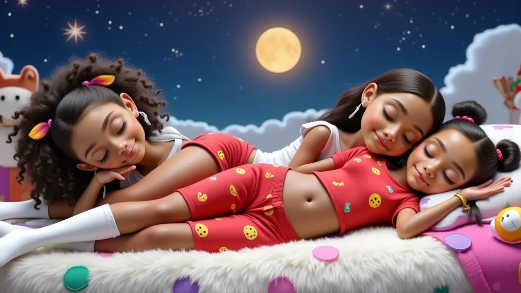 A 3D rendering of three Disney Pixar style fuul body  girls sleeping in Christmas-themed pajamas. The pajamas are red with yellow emojis. The boy is in the center, between two girls who are using his chest as a pillow, the boy. The boy has very light brown, curly hair and tanned skin. On the left side we have a girl with straight black hair down to her waist and wearing a colorful feather earring, she is Brazilian Indian. The second girl has long black curly hair tied into two ponytails. everybody use white sox,  The boy and girls are beautiful, sensual and seductive, they are definitely all sleeping peacefully, with their eyes closed and lying on a beautiful white carpet with a slight smile and leaning against each other. The background contains a bright star, a full moon and a sky full of stars. Babies are lying on white clouds. The image is high resolution and high quality. One of the girls caresses his male reproductive organ, which soon becomes rigid, attracting the attention of the other girl, who has her mouth very close to the area below the boy's navel.