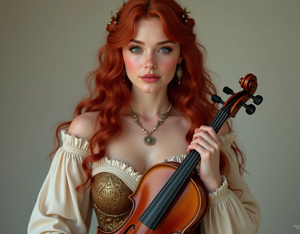 Arafed Mujer con el pelo rojo sosteniendo un arpa delante de su cara, con un arpa, hyperrealistic fantasy art, Arte digital ultrarrealista, Hiperrealismo. fantasy 4k, Arte digital altamente realista, Art Nouveau hiperrealista, Arte conceptual ultra realista, Arte digital hiperrealista, Arte digital ultrarrealista, amazing photorealistic graphics, Pintura digital hiperrealista