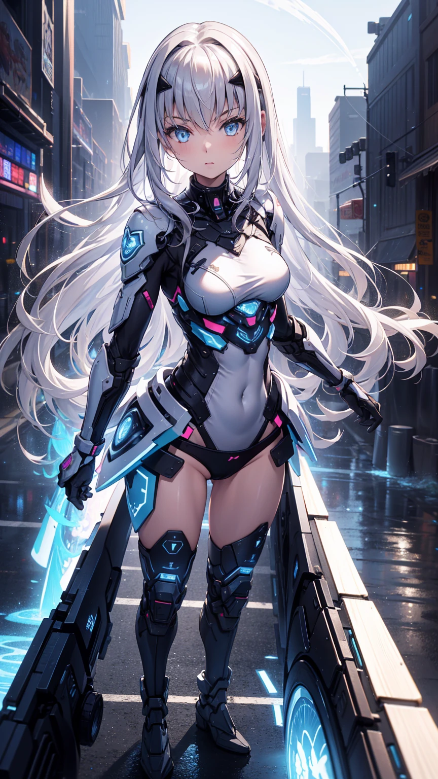 (   Best quality,4K,8K,   high resolution , masterpiece :1.2),     super detailed    ,  girl ，Holy，(   silver white hair   )，   blue eyes   ，obsessed，  graceful standing，玩得  happy  ，in love，  cute cloth   ， Exquisite clothing，pattern，Swimsuit，  happy  ， Sci-fi city ，  Unique  ，Small amount of armor ， confrontation ，rain，  sci-fi combat suit  