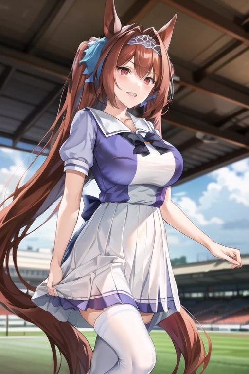 ((Colossal tits)), Hi-Res, 1girl in, Marl, 独奏, Daiwa Scarlet(Umamusume), Trasen School Uniform, white thighhig, White skirt, Twin-tailed, sailor shirt, Puffy Short Sleeves, Very long hair, brown haired, Horseshoe ornament, Sailor collar, Purple shirt, Hair intake, a miniskirt, tiarra, tusk, Akame, bangss, Grinning face