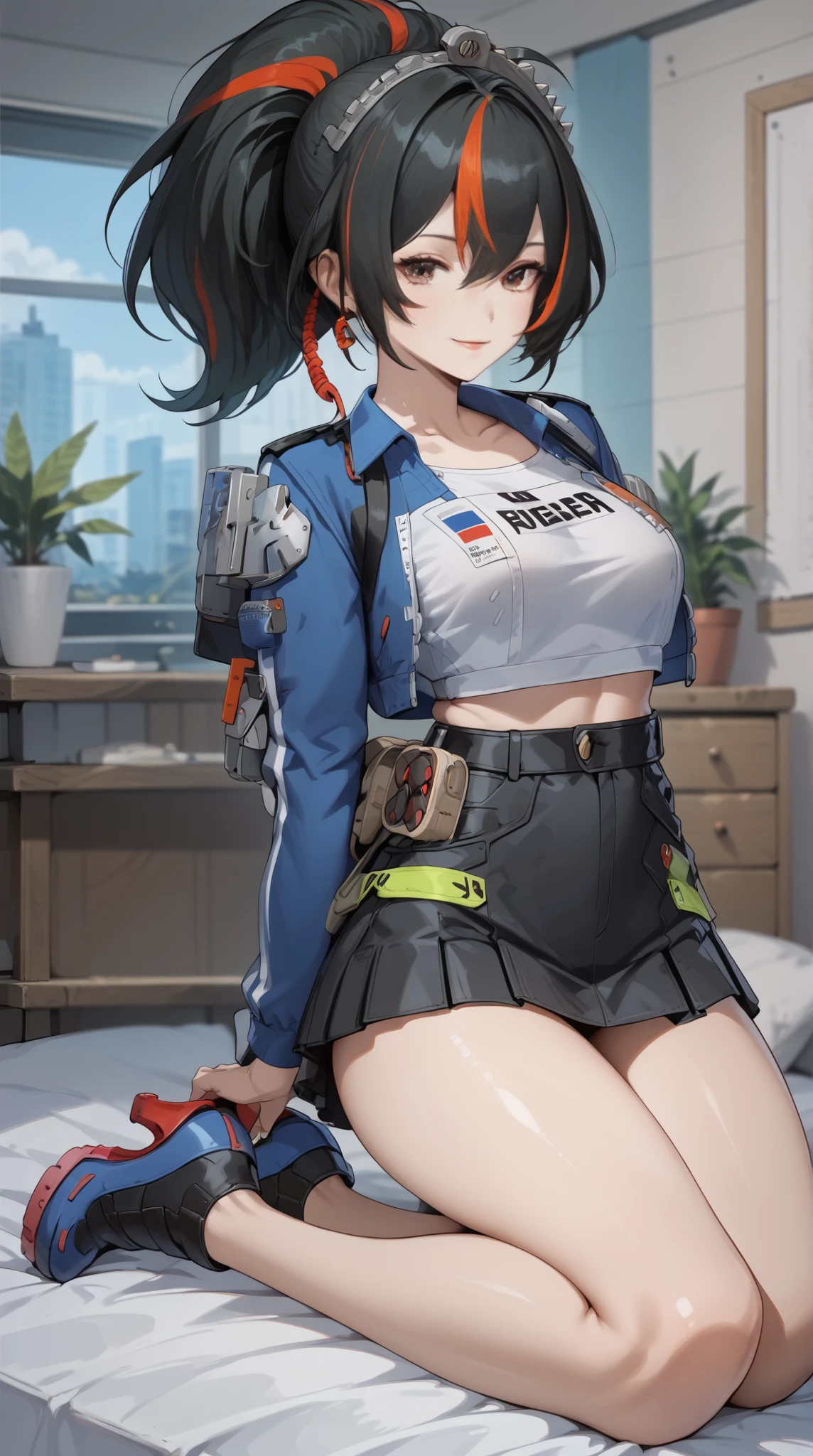 Masterpiece, extremely detailed, high quality,4k,solo,1girl,fullbody,((tall and slim body)),zhuyuan,medium breasts, long legs,ponytail streaked hair,beauty eyes,((smile)),arms behind back,looking at viewers,((white croptop tshirt)),((SHORT SKIRT)),high heels,front look, ((facing foward )) ,bed room , sleepig pose on bed