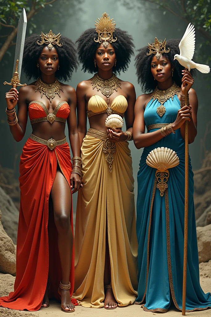 In a majestic temple dedicated to Ra, the sun god, two African queens, both with well-endowed chests and curvy hips, stand side by side on a raised platform. They are dressed in tight, golden gowns that shimmer under the brilliant sunlight streaming through the temple’s high windows. The sunlight catches every curve of their dark skin, creating a radiant glow. Their matching poses emphasize their voluptuous figures as they gaze forward with regal authority. From above, the scene captures their powerful, almost mirror-like forms, their curves perfectly highlighted by the golden light, making them appear as twin goddesses of the sun.