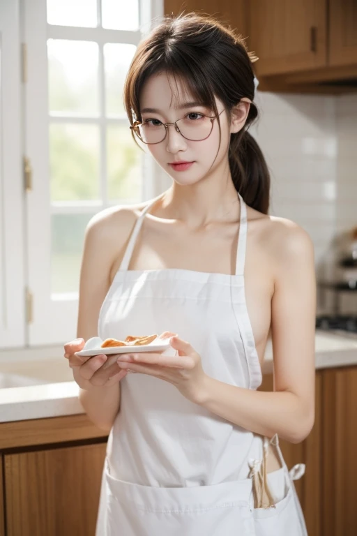 (( best quality)), ((傑 best quality、masterpiece、High sensitivity、 high definition 、 Details、 Delicate Facial Description)), Slender woman、Glasses、 naked apron