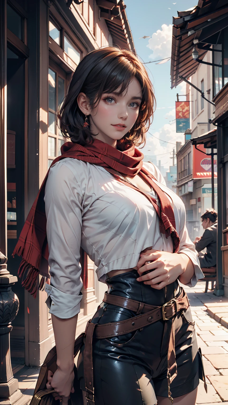 A picture of a woman with a scarf around her neck,  Craig Mullins Alphonse Mucha, Artgerm Craig Mullins, Beautiful character paintings, rhadsとlois van baarle, Artgerm and Atey Ghailan , Charlie Bowwater's rich deep colors, Lostrun 8k, ( ( Mads Berg ) ), artgermとcraig mullins、blue sky、cloud、smile