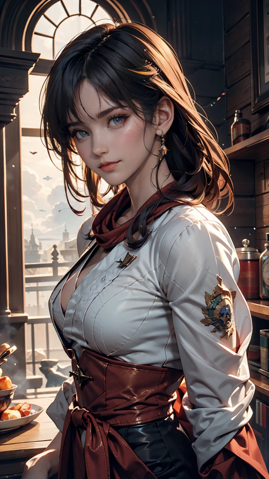 A picture of a woman with a scarf around her neck,  Craig Mullins Alphonse Mucha, Artgerm Craig Mullins, Beautiful character paintings, rhadsとlois van baarle, Artgerm and Atey Ghailan , Charlie Bowwater's rich deep colors, Lostrun 8k, ( ( Mads Berg ) ), artgermとcraig mullins、blue sky、cloud、smile