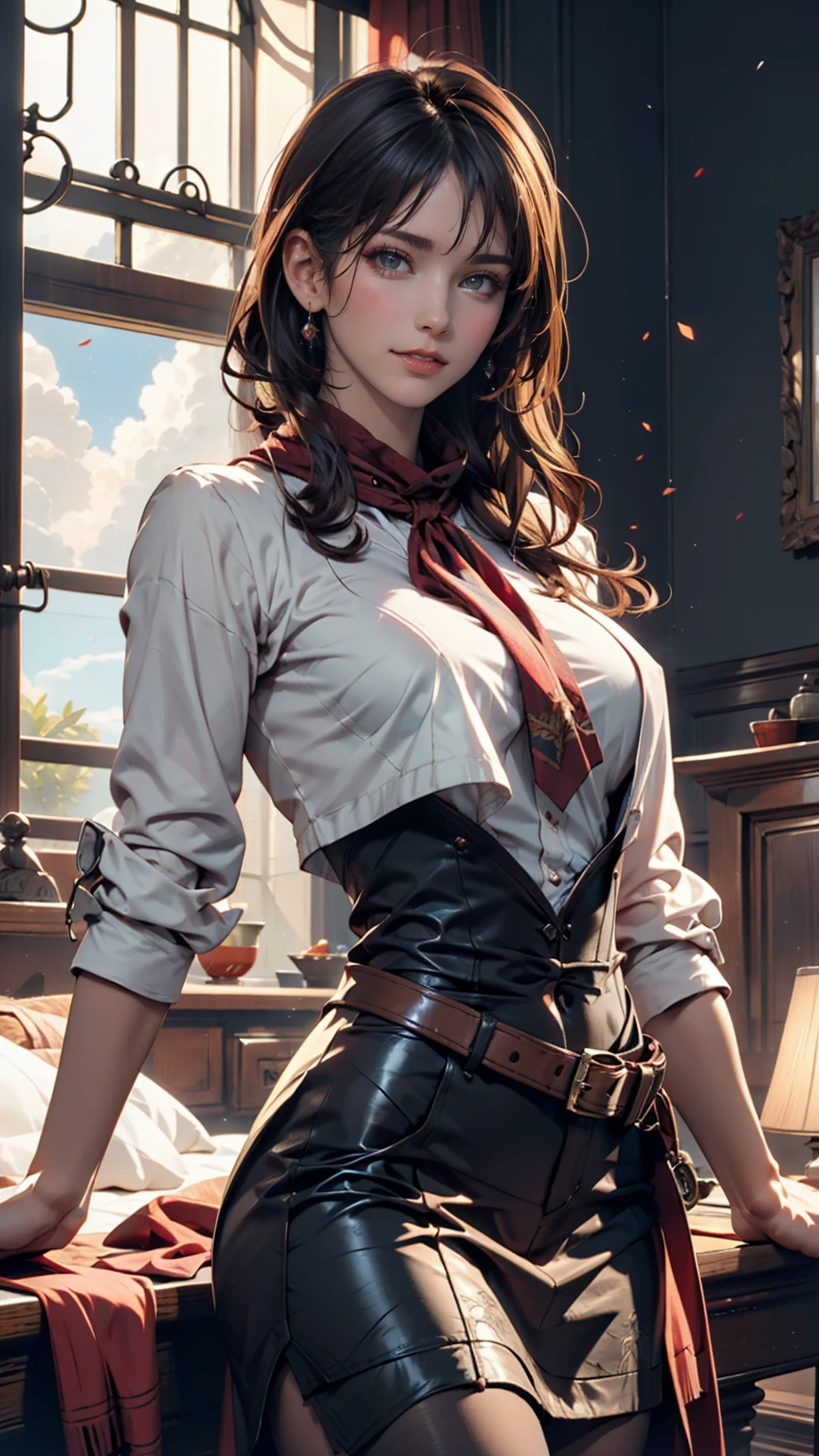 A picture of a woman with a scarf around her neck,  Craig Mullins Alphonse Mucha, Artgerm Craig Mullins, Beautiful character paintings, rhadsとlois van baarle, Artgerm and Atey Ghailan , Charlie Bowwater's rich deep colors, Lostrun 8k, ( ( Mads Berg ) ), artgermとcraig mullins、blue sky、cloud、smile