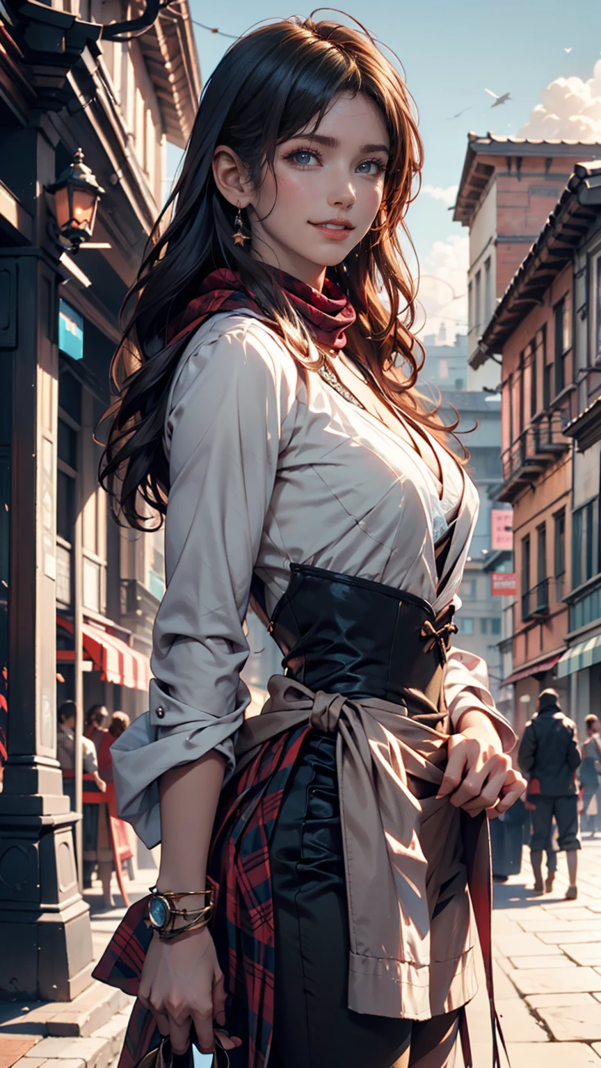 A picture of a woman with a scarf around her neck,  Craig Mullins Alphonse Mucha, Artgerm Craig Mullins, Beautiful character paintings, rhadsとlois van baarle, Artgerm and Atey Ghailan , Charlie Bowwater's rich deep colors, Lostrun 8k, ( ( Mads Berg ) ), artgermとcraig mullins、blue sky、cloud、smile