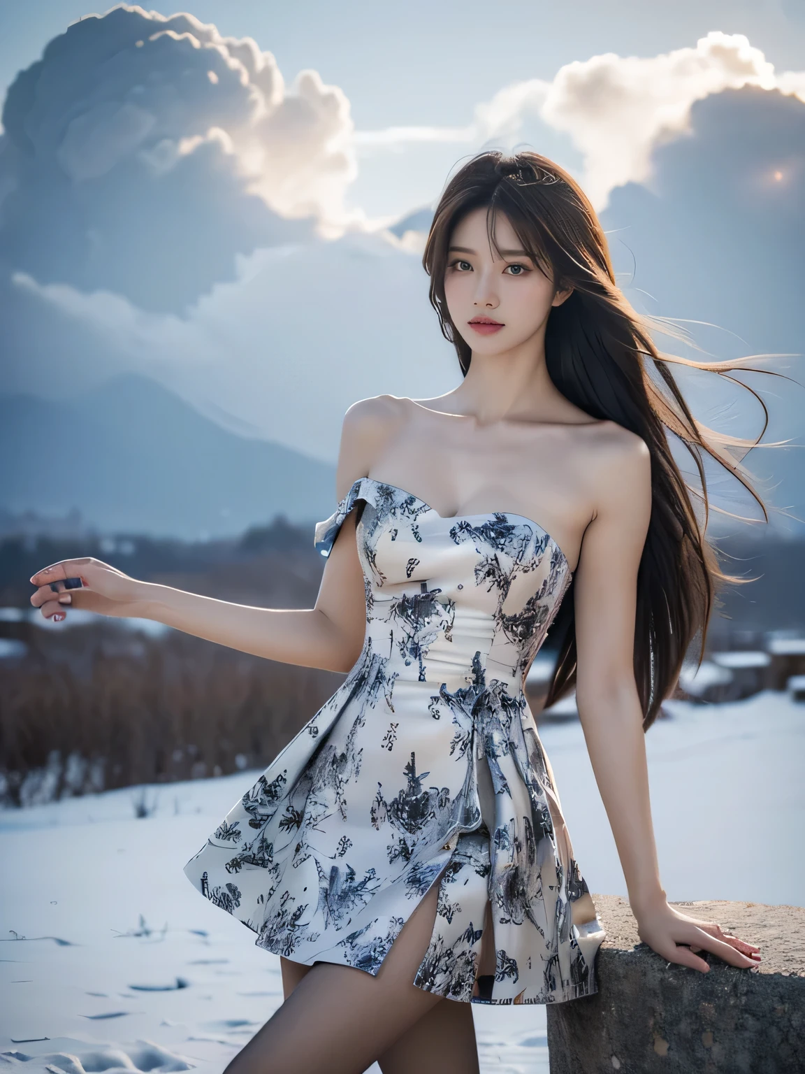 cns dress, dress, china dress, pantyhose, hight heels, ((cowboy shot)), ((Bare shoulder)), ((Short hemlines, sexy long legs)), realistic detailed photo of a giant breasted girl with exposed shoulders, detailed fingers, high quality skin, red eyes, alone in a winter scene with clouds, wind, and flowing hair, (best quality,4k,8k,highres,masterpiece:1.2),ultra-detailed,(realistic,photorealistic,photo-realistic:1.37),studio lighting,vivid colors