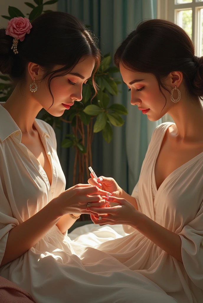 Woman showing jewelry to another in bedroom