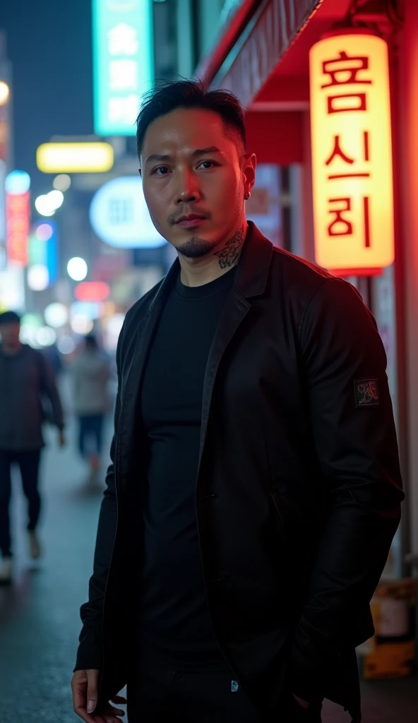 
jojo, 36-year-old male, medium shot of handsome Japanese man in dark clothes, short hair, bearded, tattooed, irezumi, yakuza, open jacket, muscled, (city street, neon, fog, volumetric), 8k, high detail,