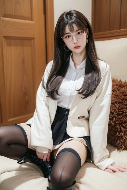 (( best quality)), ((傑 best quality、masterpiece、High sensitivity、 high definition 、 Details、 Delicate Facial Description)), Slender woman、Glasses、 down jacket 、 Mini Skirt、 long boots、 M-shaped leg opening、