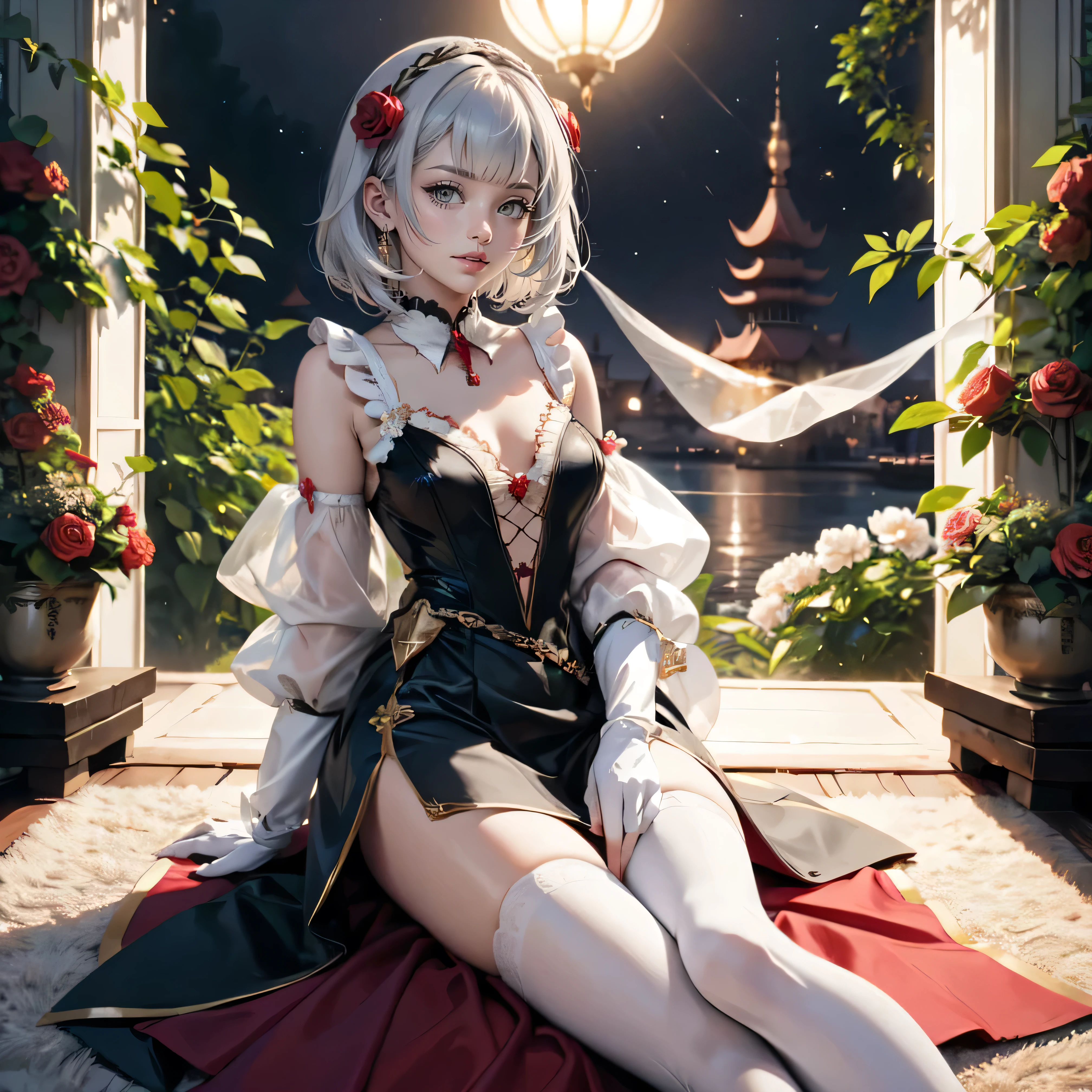 1girl, dress, jewelry, silver hair, flowing hair, short hair, solo, red roses, firefly, oriental architecture, Chinese maid dress, red laces, white boots, gold details on her clothes, night, lake on the background, seat on the grass, a garden scenery, red roses, flowers, more details, perfectly body, perfectly hands, two hands, two legs, two arms, five fingers, glowing hair, best quality, gloves, white gloves, choker, detached sleeves, magical girl, white dress, strapless, skirt with layers, frills