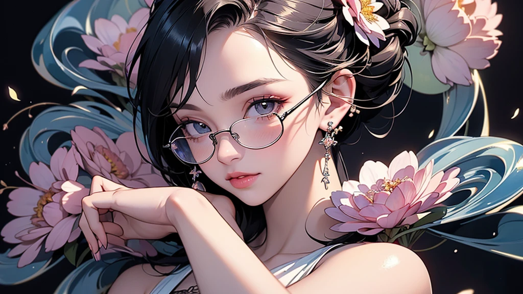 girl, Blue sky and white clouds, wearing silver glasses, happy, happy, cheeks flushed, black hair, Wearing a pink bow headband, perfect quality, clear focus (clutter - home: 0.8), (masterpiece: 1.2) (actual: 1.2) (Bokeh) (best quality) (Delicate skin: 1.3) (intricate details) (8K) (Detailed eyes) (sharp focus), (happy)