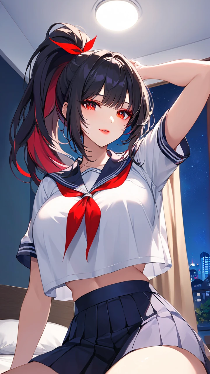 SFW (masterpiece, best quality, 32k) a teenage girl with medium black hair ((stark black hair, coal black hair, bangs, diagonal bangs, blunt bangs, bob, messy bob, wavy bob, inverted bob)), ((brown eyes, yellow eyes, amber eyes, golden eyes, eagle eyes:1.5, bright eyes, beautiful eyes, detailed eyes, finely detailed eyes, highly detailed eyes)) ((youthful face, beautiful face, cute face, sexy face)), ((pale skin, white skin, porcelain skin, smooth skin, soft skin)), standing, walking, outside, outdoors, city, modern city, sidewalk, buildings, skyscrappers, sky, clouds, simple background. ((Modern clothes, academy uniform, uniform, serafuku, sailor uniform, white shirt, short-sleeved shirt, sailor collar, pink ribbon, black miniskirt, high-waist miniskirt, black pantyhose)), ((huge breasts:1.7, enormous breasts:1.4, gigantic breasts:1.4, round breasts:1.3, perky breasts:1.3)), ((slim:1.4, lithe:1.4, slender:1.4, thin:1.4, busty:1.2, buxom:1.2, supermodel body:1.2, svelte body:1.2, fit body:1.2)), ((round hips, thin waist, waspish waist, slim waist)), ((long legs, slender legs)), small smile ((full lips)), calm expression, content expression, serene expression, happy expression, open eyes, large eyes, expressive eyes, head-to-waist portrait, cinematics, color oil painting, cinematic lighting, ((extremely detailed face)), ((finely detailed face)), Extremely detailed eyes, finely detailed eyes, beautiful face, beautiful eyes, perfect lighting, depth of field, (realistic proportions), (good anatomy), ((solo:1.6)), ((1girl:1.6))