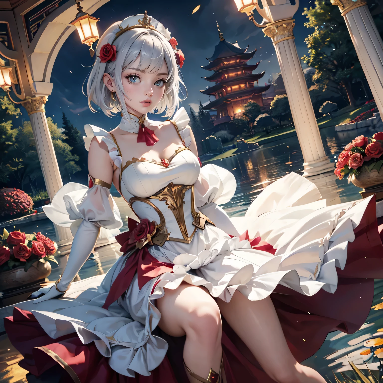 1girl, dress, jewelry, silver hair, flowing hair, short hair, solo, red roses, firefly, oriental architecture, Chinese maid dress, red laces, white boots, gold details on her clothes, night, lake on the background, seat on the grass, a garden scenery, red roses, flowers, more details, perfectly body, perfectly hands, two hands, two legs, two arms, five fingers, glowing hair, best quality, gloves, white gloves, choker, detached sleeves, magical girl, white dress, strapless, skirt with layers, frills