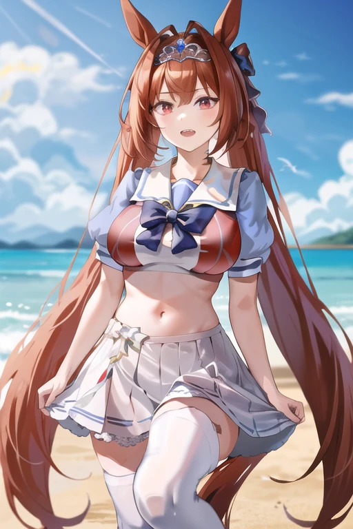 (masterpiece, ultra detailed, absurdres:1.2), (sfw:1.7), 16yo mature girl, white bikini, plump cameltoe, open mouth gentle smile, gentle blush, (narrow waist:1.1), (half-closed eyes:1.0), (dark-red hair:1.2), (hair pulled back:0.9), red eyes, frilled microskirt, (long hair:1.0), (sailor tie:1.2), standing, mizuki yukikaze, hair ribbon, one-piece tan, side-tails, 
sanada_minako, from front,