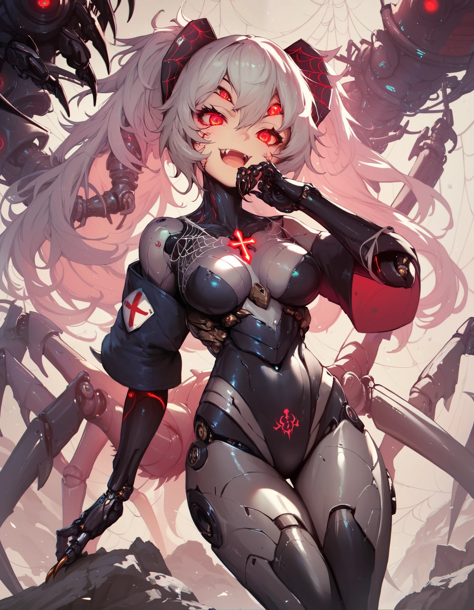 Mechanical Weapon Girl. （Upper body close-up image）(Sit on the throne)（Mechanical Fang）Full body bodysuit. Latex. Cyber wind. Light armor. spider tattoo near his eye and black mucus dripping down his cheek. look of contempt. Grey hair. Glowing red eyes. Glowing core. mechanical Monster in the background. Breasts perky. large sharp claws. Red and black machine. Battleship. Cross legs. Arms crossed. swarm of mechanical insects.