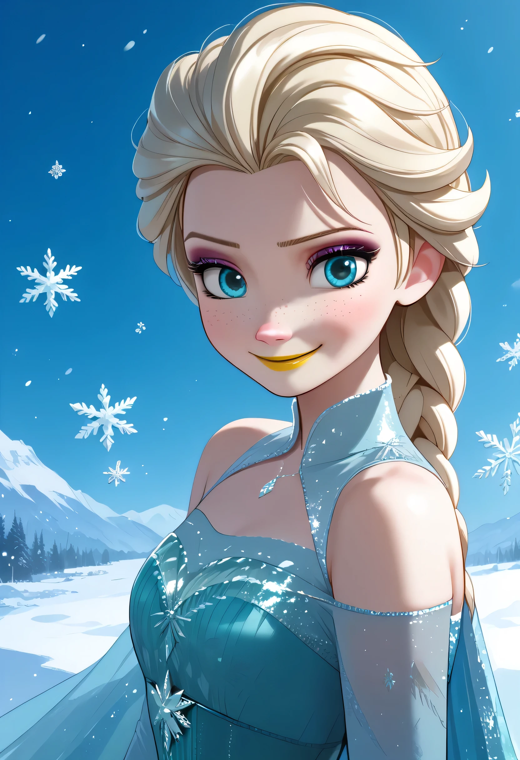 masterpiece,best quality,highly detailed,score_9,score_8_up,score_7_up,score_6_up,Anime_source,BREAK
elsa,1 girl,elsa (frozen),solo,blue eyes,blonde hair,long hair,dress,makeup,freckles,smile,yellow lipstick,bare shoulders,snowflakes,single braid,white dress,anime style