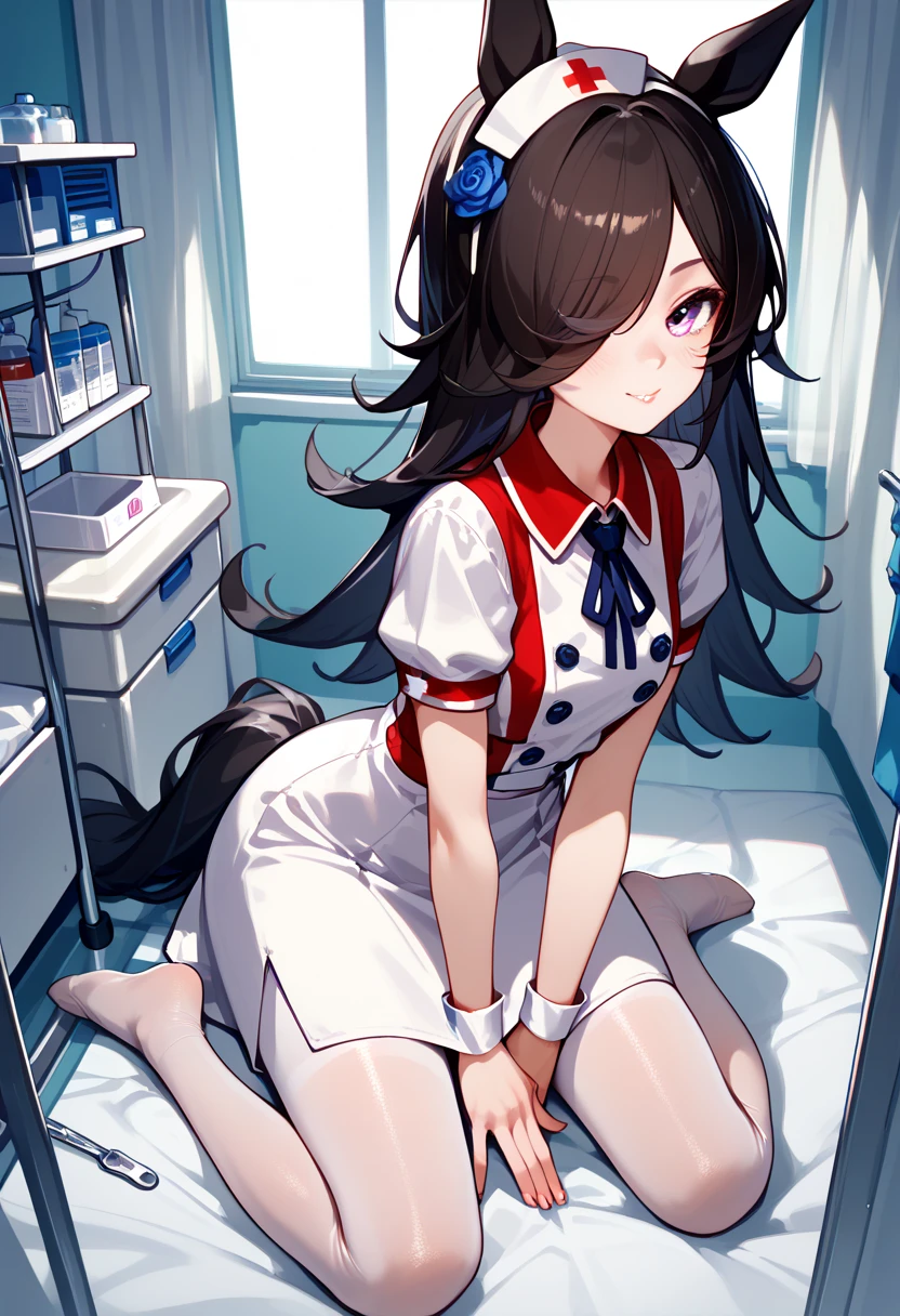 riceshower from "umamusume "  dressed as a nurse , white hip-length pantyhose,  kneeling , in a hospital room,  seductive look, neckline, from above. 