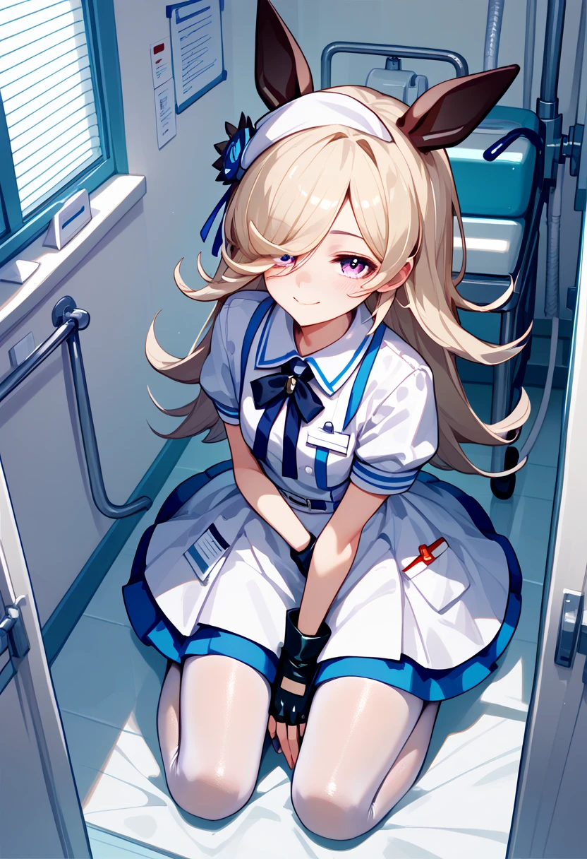 riceshower from "umamusume "  dressed as a nurse , white hip-length pantyhose,  kneeling , in a hospital room,  seductive look, neckline, from above. 