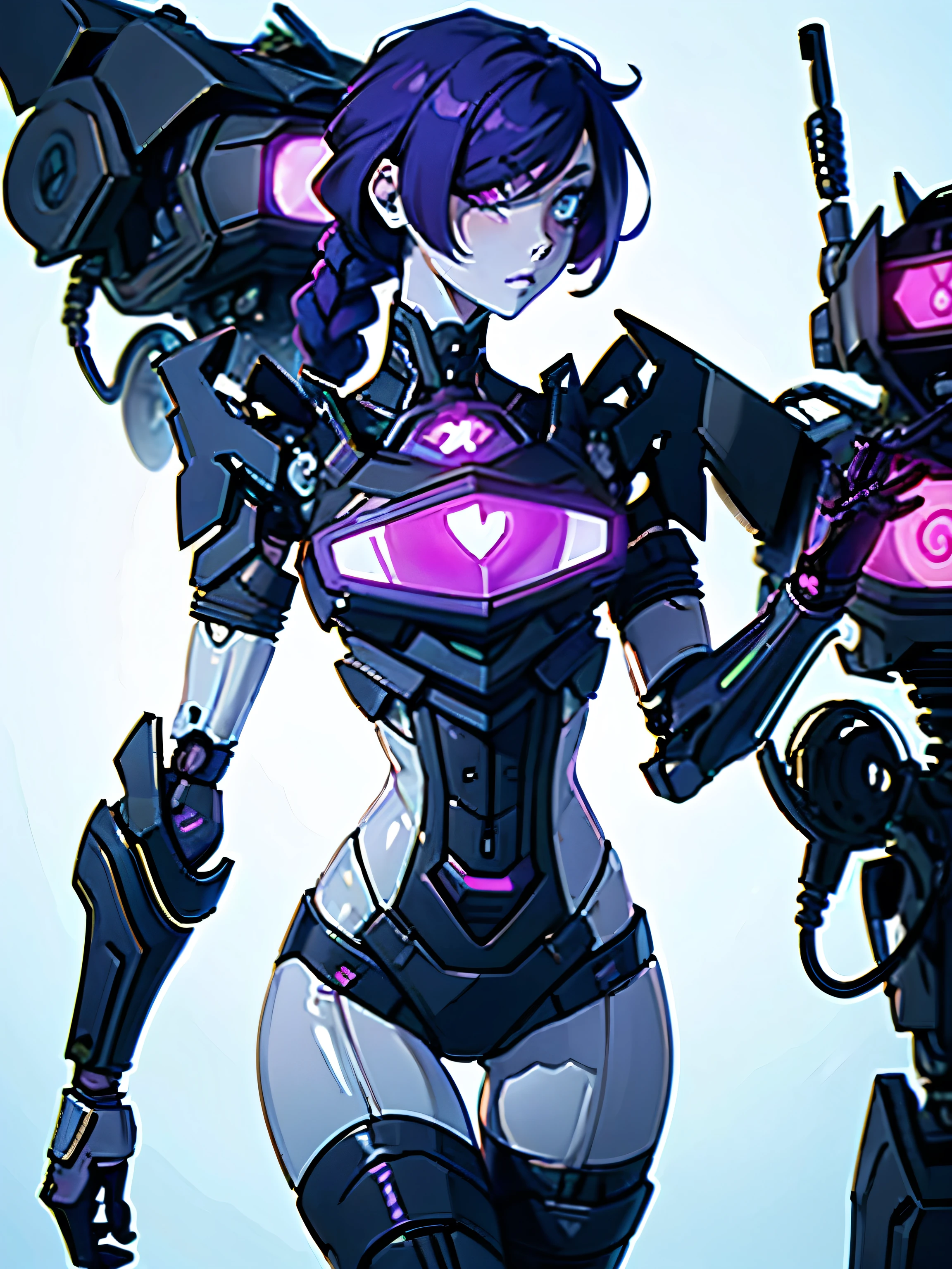 masterpiece, high quality, NSFW, woman, robot, ((upper body)), standing, (exotic mechanical_skin_complexion:1.4), mature, (looking away from the viewer), tall, beautiful, exotic, with long hair, neon purple hair, braided hair, (robotic head with one eye), Shockwave head, glowing blue eye, (dark_eyeliner), medium_bust, wearing steampunk lingerie, mechanical body, bare_shoulders, black thong, (thigh_gap), black thigh highs with embroidery, dynamic lighting casts detailed shadows, in dark laboratory, dim lighting, 