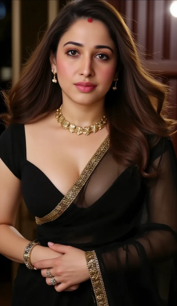 Full body,front view, cleavage,Indian,big boobs,kneeling position and spread legs,traditional,jewelery, cleavage,big boobs, transparent black saree,golden necklace,black clevage bra,Long Hair, Floating Hair, Large breasts, Heavy Breathing, smile,night,swett,Anatomically Correct, 