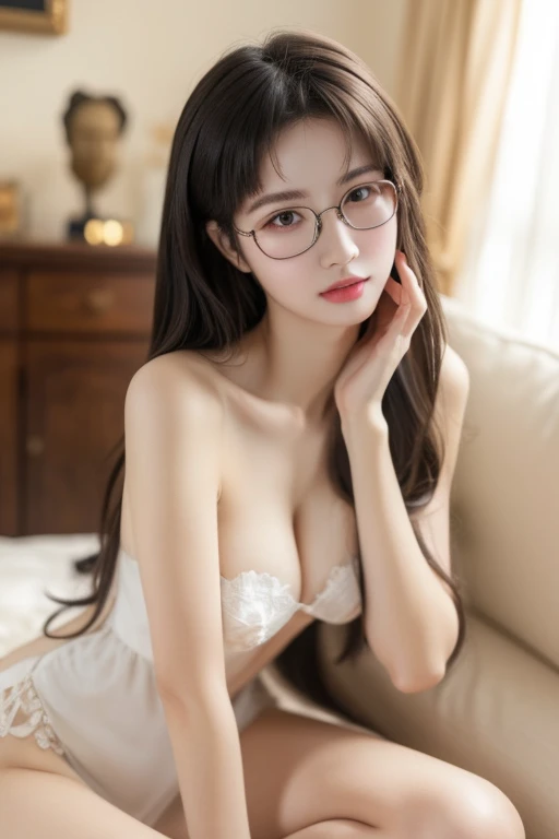 (( best quality)), ((傑 best quality、masterpiece、High sensitivity、 high definition 、 Details、 Delicate Facial Description)), Slender woman、Glasses、naked、