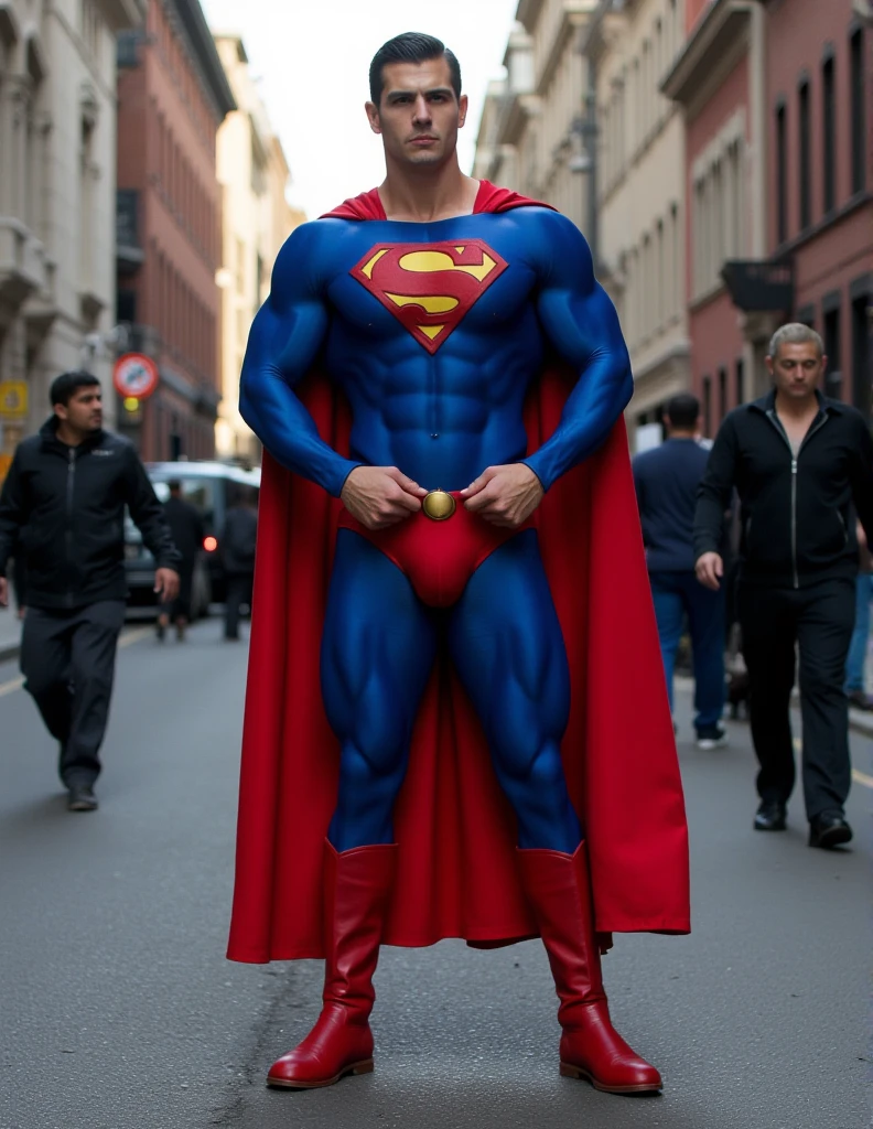 a buff man in a superman costume (think movie version of Superman-black undercut, blue tights and red cape and red boots and red briefs) holds a small, He stood in the street with his hands on his waist . A group of gangsters shoot Superman. Superman has absolutely no impact.full body photo In a chaotic street scene,