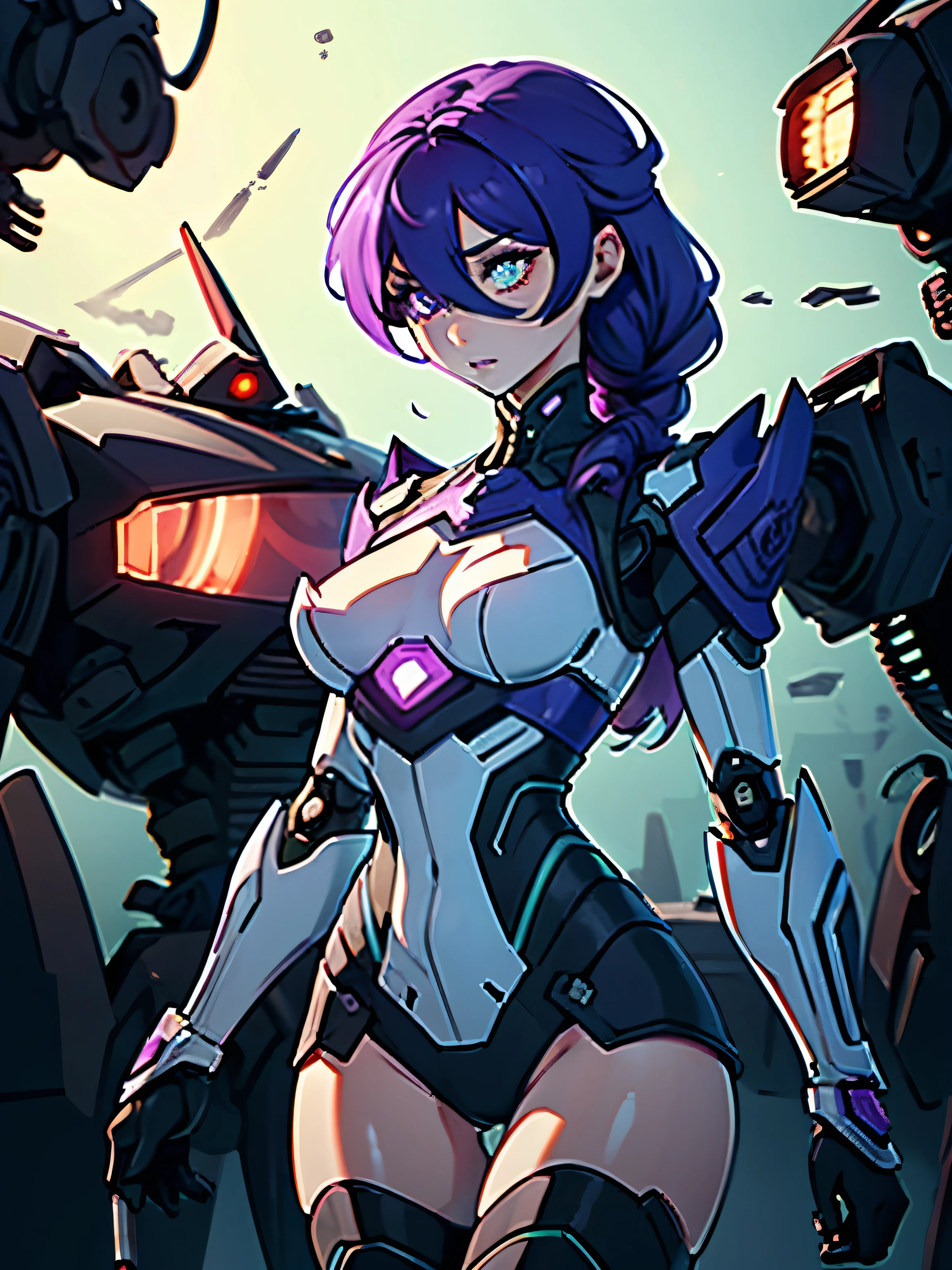 masterpiece, high quality, NSFW, woman, robot, ((upper body)), standing, (exotic mechanical_skin_complexion:1.4), mature, (looking away from the viewer), tall, beautiful, exotic, with long hair, neon purple hair, braided hair, (robotic head with one eye), Shockwave head, glowing blue eye, (dark_eyeliner), medium_bust, wearing steampunk lingerie, mechanical body, bare_shoulders, black thong, (thigh_gap), black thigh highs with embroidery, dynamic lighting casts detailed shadows, in dark laboratory, dim lighting, 