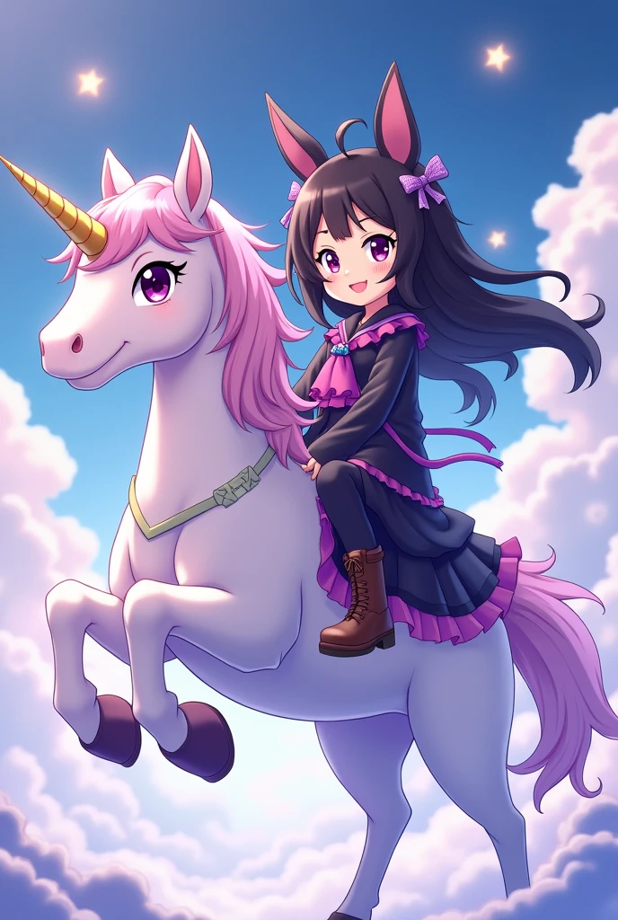 A colorful fantasy world, walking hand in hand on a rainbow-colored road,Ai Fukuhara,Pink Dress,long hair of dark purple color,Flower crown,Large breasts,Black-haired woman,Iridescent tree々,Sparkling river,A unicorn is running around in the background,Fairies flying in the background