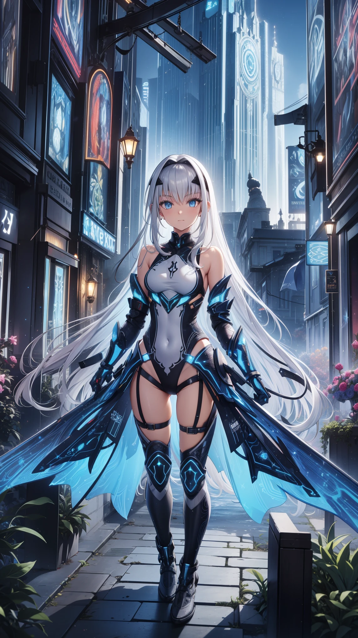 ( Best quality,4K,8K, high resolution , masterpiece :1.2), super detailed , girl ,Holy,( silver white hair ), blue eyes ,obsessed, graceful standing,玩得 happy ,in love, cute cloth , Exquisite clothing,pattern,Swimsuit, happy , Sci-fi city , Unique ,Small amount of armor , confrontation ,rain, sci-fi combat suit