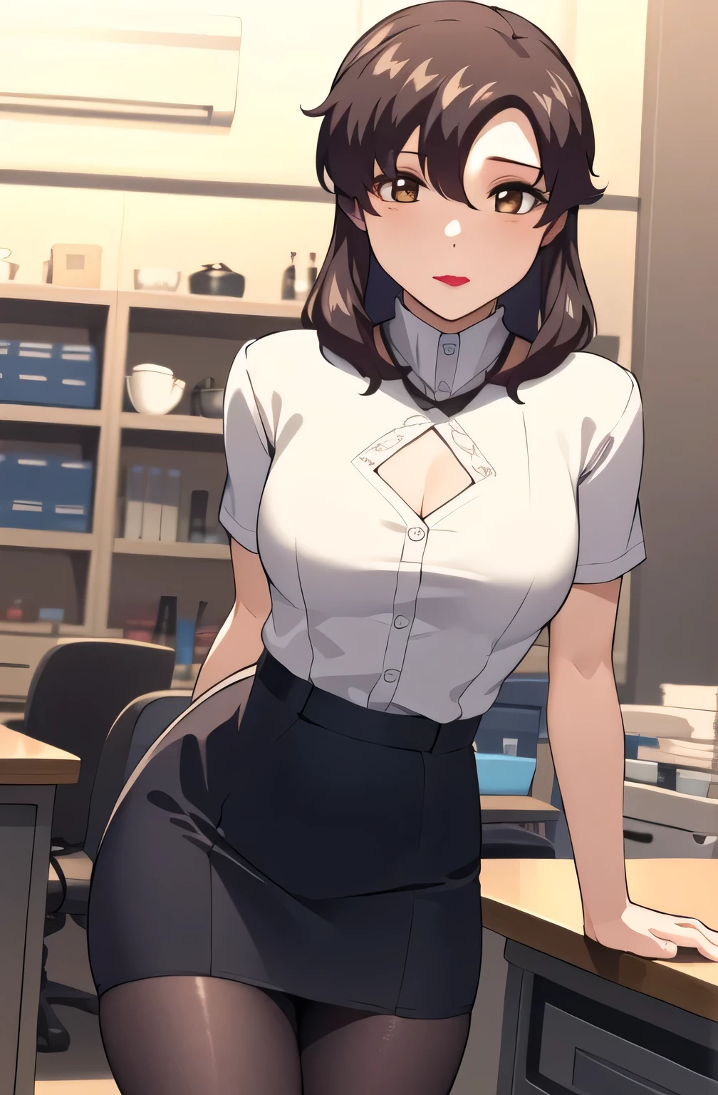             Masterpiece   , ( Very detailed background, Delicate pattern, Exquisite   Details), (   is high resolution,    Details),  best quality,  beautiful lighting arranged in an orderly manner, ,    1 girl , alone,   face only cannot be trimmed， body only cannot be trimmed ，Full body required    , short hair,   White Collar Shirt,    Mini Skirt,    pantyhose,   absolute domain,      fishnet tights    ,    pencil skirt , ( Complex and detailed background, internal, Office Environment,  andproducts    , table), ( cowboy shooting),                                                         Mini Skirt, from the face to the knees  ，Thighs，                    knee-high socks，                    Knee-high socks
crying face ， troubled face，          sad、it hurts，it hurts
前hair,tea _hair, length_hair,red 目,lipstick,Compensate,
                                       1 girl, 20 years old,                        