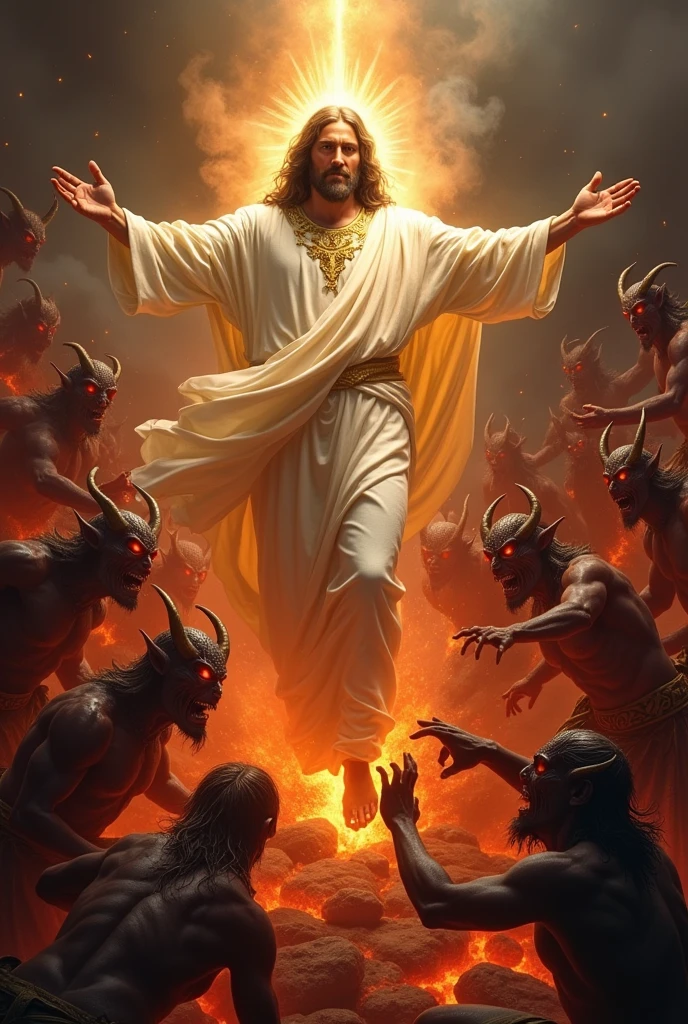 Jesus majestically passes through Hell, emanating a divine aura of glory and power. His white robe shines supernaturally, contrasting with the hellish surroundings. He holds an ancient and ornate key of heavenly gold (close-up on the key reveals ethereal inscriptions). Grotesque demons writhe in chains, their forms varying with multiple limbs, twisted horns and torn wings. Their eyes burn with fury as they try to reach Jesus in vain. The scene is chaotic: rivers of lava, toxic smoke and demonic flames in supernatural colors dance violently. Damned souls suffer unspeakable torments in the background, consumed by eternal fire or devoured by monstrous creatures. Bonfires and demonic lanterns create macabre shadows, contrasting with a cold ambient light. Ethereal mist partially obscures the view, intensifying the foreboding. The composition uses deliberate destabilization, such as an unsteady camera, to induce disorientation. Heavy film grain and sophisticated color grading amplify the hellish aesthetic, with hues of deep red, fiery orange, and abysmal black punctuated by flashes of divine light. Carefully applied micro-artifacts—subtle distortions and chromatic aberrations—increase the oppression and chaos. The scene combines 3D hyperrealism, the emotion of expressionist painting, dramatic cinematic composition, and the bold stylization of anime and concept art. Influences from Hieronymus Bosch, Gustave Doré, and H.R. Giger are evident, as Jesus evokes Renaissance works. Distorted typography, reminiscent of ancient grimoires, floats in the periphery. The result is an apocalyptic vision that transports the viewer to the depths of hell, highlighting the transcendent power of Jesus and challenging them to contemplate the clash between divine light and eternal darkness.