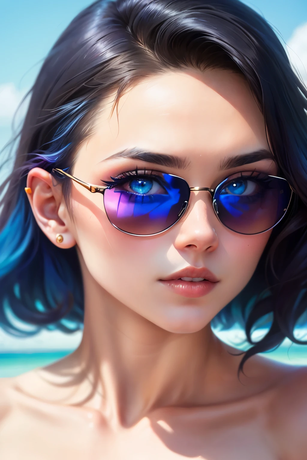 Femme scientifique cheveux longs noirs peau noire lunettes yeux bleus