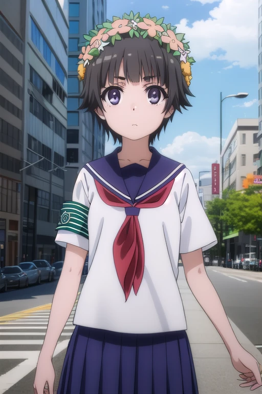 uiharukazari, Uiharu Kazari, ( dark eyes:1.5),  black hair, flower,  hair flower,  hair ornament, Head Wreath,  shorthair,
break armband, sakugawa  school uniform,  school uniform, Seraph,  skirt,  summer uniform ,  neckerchief , red  neckerchief , blue sailor collar, Blue Card, Short sleeve,
break outdoor, city, null, sun, cloud,
break looking at viewer, ( cowboy shooting:1.5),
break (  Masterpiece :1.2),  best quality,  high definition , Unity 8K Wallpapers, (Illustration:0.8), ( beautiful detailed eyes:1.6), extremely detailed face,  Complete,  Highly Detailed CG, (  perfect hand,   perfect anatomy  ),