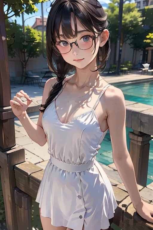 (( best quality)), ((傑 best quality、masterpiece、High sensitivity、 high definition 、 Details、 Delicate Facial Description)), Slender woman、Glasses、 Mini Skirt、 M-shaped leg opening、