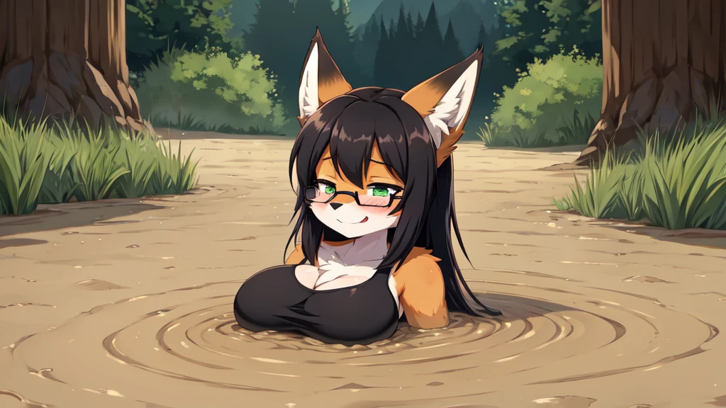 1girl, solo, furry puma girl, huge breast, black hair, blue eyes, white tanktop dress, spaghetti strap, partially submerged, in mud, flooding up to the chest, upper body, yellowstone park, seductive smile, anime face, hands up,