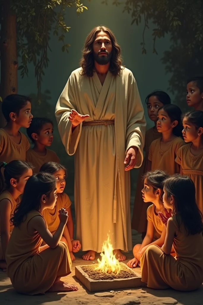 Create an image of Jesus playing video games with 4 children in a living room in a favela in Brazil