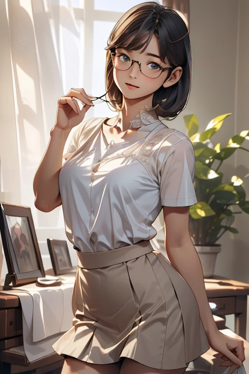 (( best quality)), ((傑 best quality、masterpiece、High sensitivity、 high definition 、 Details、 Delicate Facial Description)), Slender woman、Glasses、 Mini Skirt、 M-shaped leg opening、