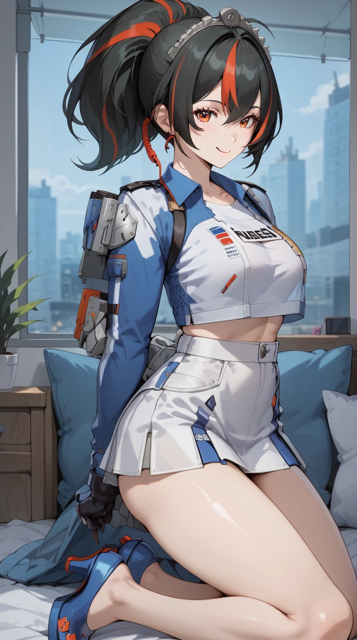 Absurd resolution, high resolution, (masterpiece: 1.4), hyper-detail, black-haired young woman dressed as a technician, blushing and excited expression, sitting in an extremely narrow and closed mecha control room