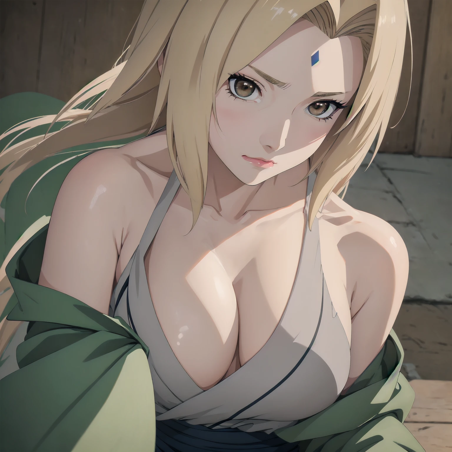 (masterpiece, highest quality:1.2), alone, One Girl, Tsunade Defense, Forehead mark, View your audience,Browsing Caution、((anime、Upper body naked、Sad face、Breast Exposure、Medium size、Off the shoulder、Torn clothes))、、Open kimono, Green haori, Gray kimono, sash, pants 、Upper body close-up、Close-up of a person、Beautiful girl with beautiful details, very cute, Beautiful girl with beautiful details, professional photography lighting, Highly detailed eyes and face, Beautiful eyes in every detail、Beautiful detailed hair, Beautiful and exquisite cold face、