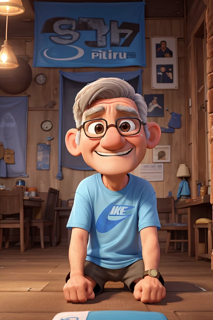  4k image of a middle-aged man approximately 60 years old , weather-weary face , light brown,  gray hair in a social style ,  wearing blue shorts like Nike , black t-shirt with the description LCReforms printed on the left side of the t-shirt ,  sitting in a rocking chair handcrafted from hardwood ,  in front of him images of memories from his youth portrayed by young people playing in the street under a light rain in which good memories are spent.