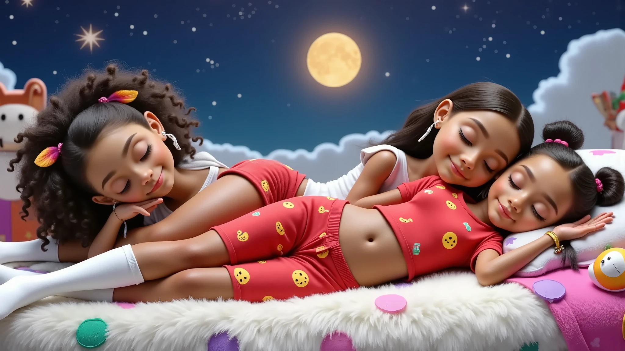 A 3D rendering of three Disney Pixar style fuul body  girls sleeping in Christmas-themed pajamas. The pajamas are red with yellow emojis. The boy is in the center, between two girls who are using his chest as a pillow, the boy. The boy has very light brown, curly hair and tanned skin. On the left side we have a girl with straight black hair down to her waist and wearing a colorful feather earring, she is Brazilian Indian. The second girl has long black curly hair tied into two ponytails. everybody use white sox,  The boy and girls are beautiful, sensual and seductive, they are definitely all sleeping peacefully, with their eyes closed and lying on a beautiful white carpet with a slight smile and leaning against each other. The background contains a bright star, a full moon and a sky full of stars. Babies are lying on white clouds. The image is high resolution and high quality. One of the girls caresses his male reproductive organ, which soon becomes rigid, attracting the attention of the other girl, who has her mouth very close to the area below the boy's navel.