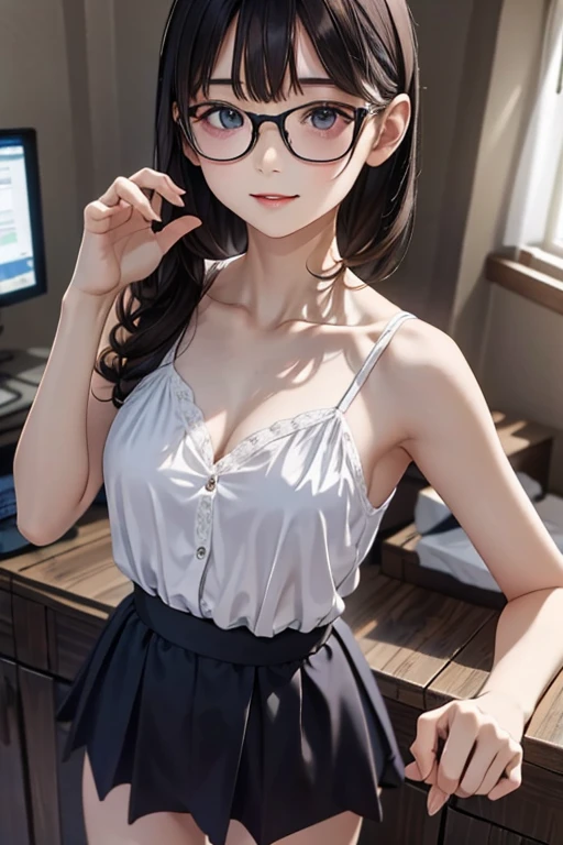 (( best quality)), ((傑 best quality、masterpiece、High sensitivity、 high definition 、 Details、 Delicate Facial Description)), Slender woman、Glasses、 Mini Skirt、 M-shaped leg opening、